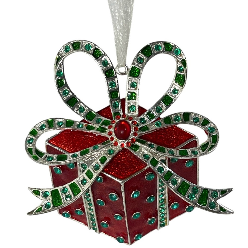 Christmas Tree Ornament Ornate Jeweled Gift Box Silver Metal Bow Red Green Bling